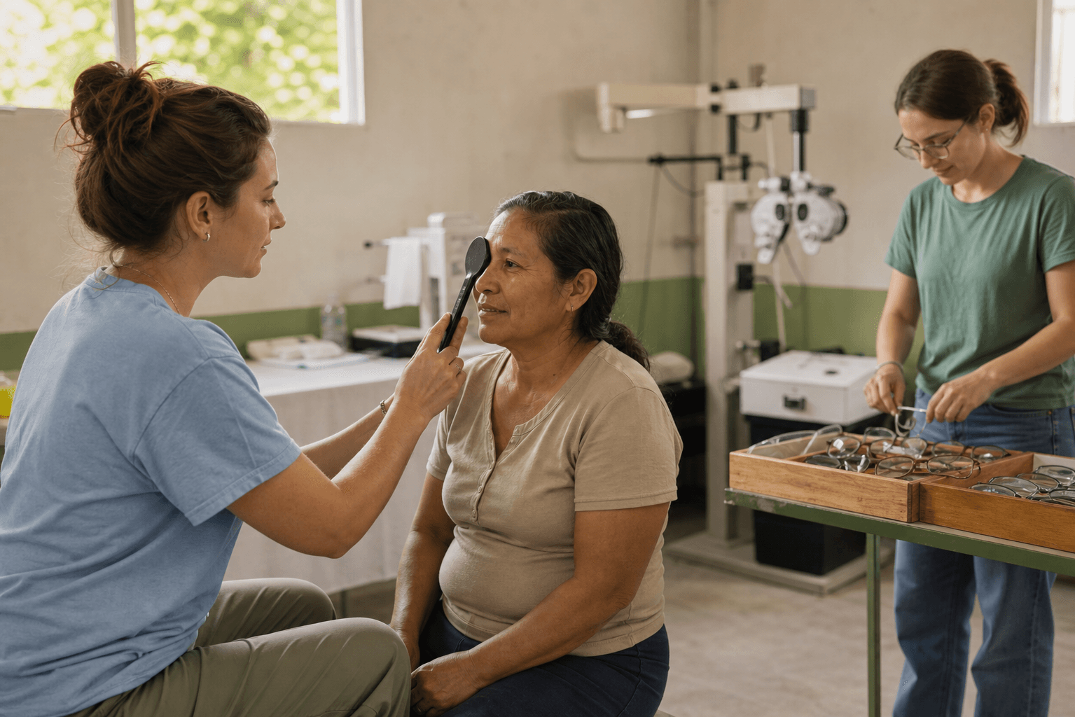 AI placeholder of a volunteer assisting a patient with a vision screening